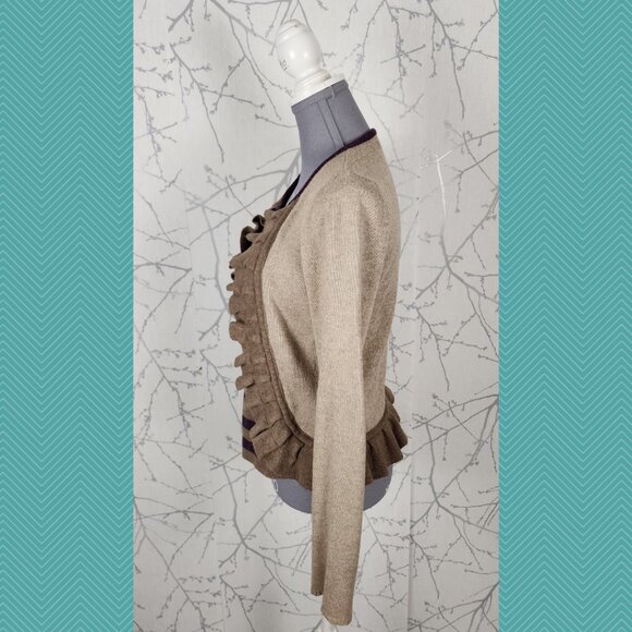 Anthropologie Sparrow Beige Stripe Lambswool Blend Ruffle Open Cardigan - Picture 2 of 4